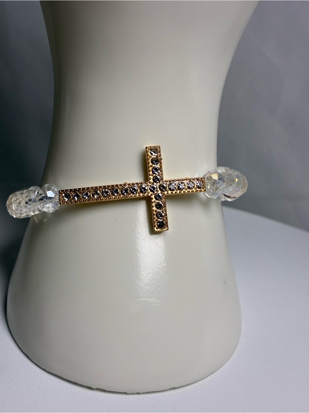Gold Crystal Cross Stretch Bracelet - Clear Crystal Beads